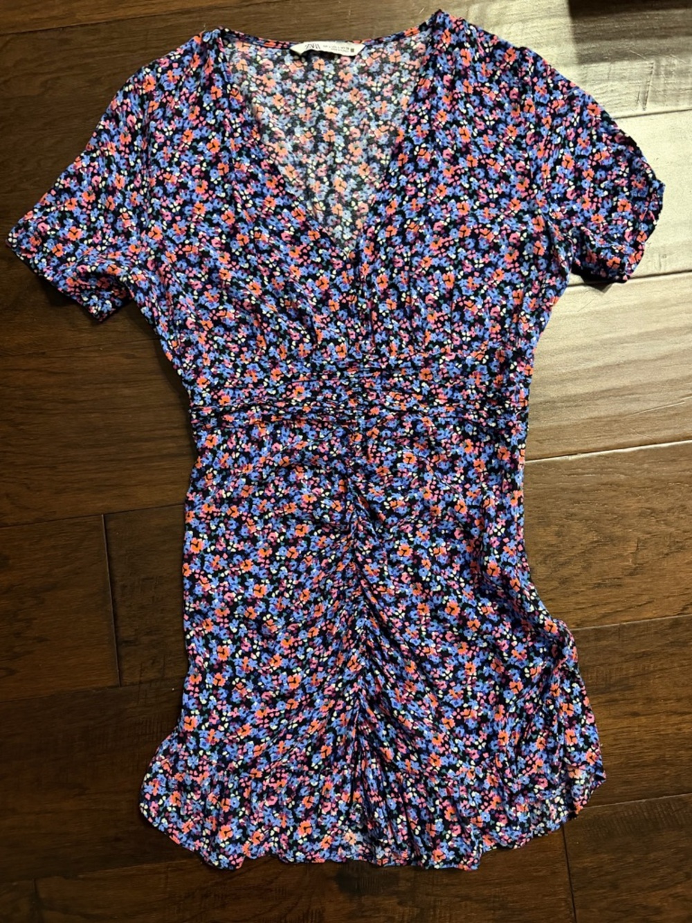 Floral V-Neck Short Sleeve Dress — Blue, Black, Pink Print